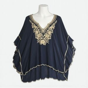 Johnny Was Embroidered Georgette Poncho Tunic Deep Dawn Cream Floral Oversized